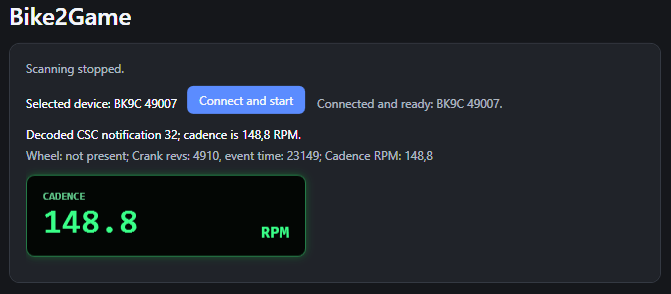 Bike2Game application interface showing Bluetooth cadence scanning and RPM display